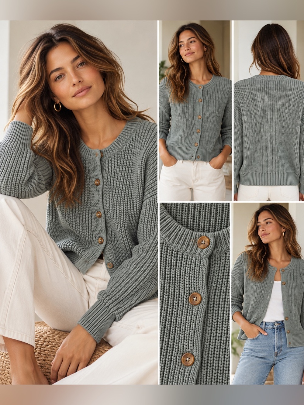 Jenni Kayne Cotton Hayes Crewneck Cardigan Sea Salt Gray Fisherman Rib NWOT